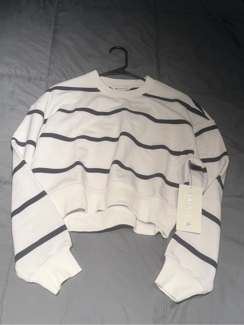 Athleta White and Black Striped Cropped Sweatshirt